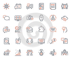 Education icons set. Included icon as Photo camera, Difficult stress and Chemistry experiment web elements. Vector