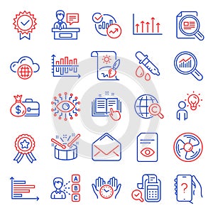 Education icons set. Included icon as Safe time, Check article, Cloud computing. Vector