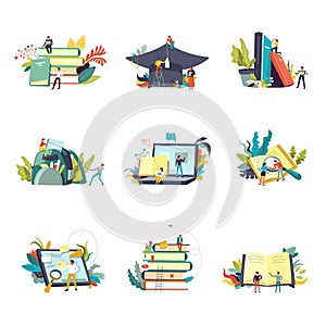 Education icons and study learning vector people