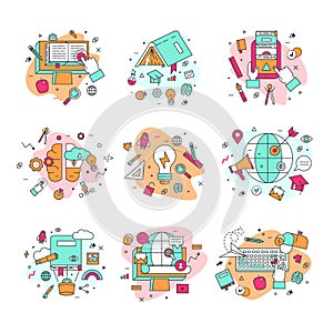 Education icons vector illustration educational and learning symbols of schooling and graduation set of school science