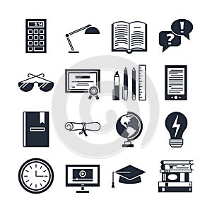 Education icons vector set isolated. Lerning teaching collection. Online or offline education sign. School or university