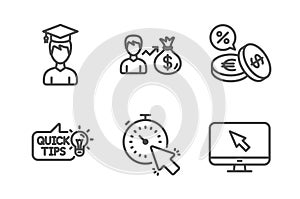 Education idea, Student and Currency exchange icons set. Timer, Sallary and Internet signs. Vector photo