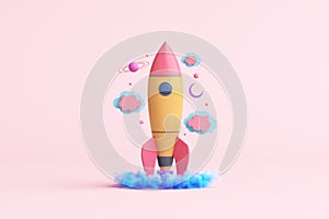 education imagine creative rocket spaceship saturn stars doll children cute pink pastel clouds display child theme galaxy space.