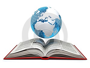 Education internet e-learning concept. Earth and open book isolated on white.