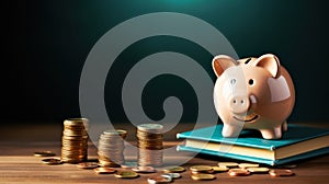 Education Investment Concept with Piggy Bank, Stacked Books, and Coins on Wooden Surface Against a Dark Teal Background with Copy