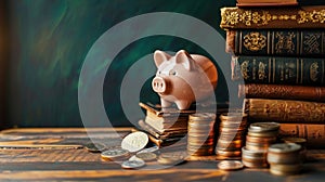 Education Investment Concept with Piggy Bank, Stacked Books, and Coins on Wooden Surface Against a Dark Teal Background with Copy