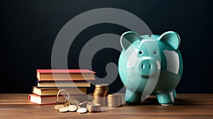 Education Investment Concept with Piggy Bank, Stacked Books, and Coins on Wooden Surface Against a Dark Teal Background with Copy