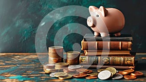 Education Investment Concept with Piggy Bank, Stacked Books, and Coins on Wooden Surface Against a Dark Teal Background with Copy