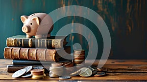 Education Investment Concept with Piggy Bank, Stacked Books, and Coins on Wooden Surface Against a Dark Teal Background with Copy