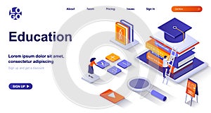Education isometric landing page. Studying at school or university isometry concept. Learning, training courses, graduation 3d web
