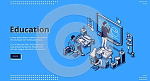 Education isometric landing page, teacher students