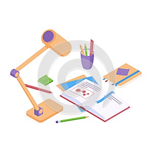 Education isometric vector back to school concept with open paper book and desk lamp, notebook and stationery.