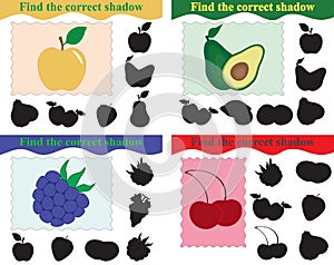 Education for kids. Find silhouettes of apple, avocado, blackberry and cherry, set of games. Vector illustration