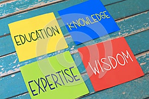 Education knowledge expertise wisdomt, text words typography written on paper against wooden background, life and business