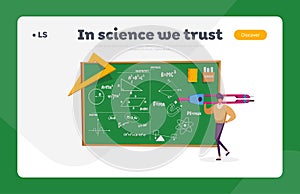 Education Landing Page Template. Tiny Teacher Male Character Holding Huge Compass Stand at Green Chalkboard