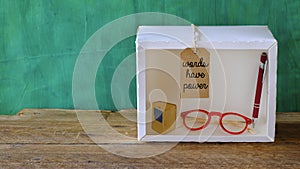 Education,learning,back to school concept,words have power sign, book and spectacles