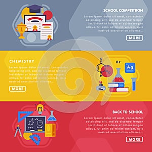 Education and Learning Landing Page Templates Set, Back to School School, Competition, Chemistry Horizontal Banners