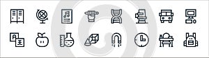 education line icons. linear set. quality vector line set such as backpack, clock, geometry, translation, electric bus, sheet