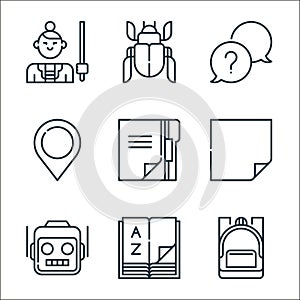education line icons. linear set. quality vector line set such as backpack, grammar, robot, post it, folder, pin, faqs, bug