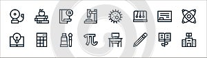 education line icons. linear set. quality vector line set such as library, pencil, pi, light bulb, blackboard, pass test, biology