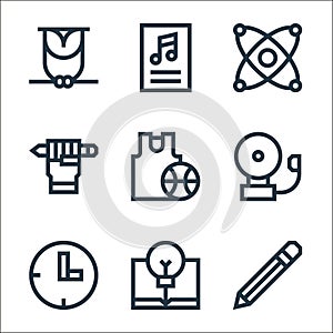 education line icons. linear set. quality vector line set such as pencil, light bulb, clock, school bell, basketball, hand,