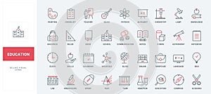Education line icons set, book and lab tests for study, school building and class lecture