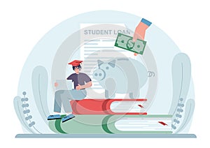Education loan. Student characters paying debt for education.