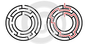 Education logic game circle labyrinth for kids. Find right way. Isolated simple round maze black line on white background.