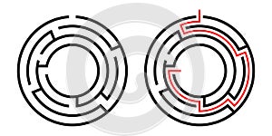 Education logic game circle labyrinth for kids. Find right way. Isolated simple round maze black line on white background.