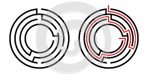 Education logic game circle labyrinth for kids. Find right way. Isolated simple round maze black line on white