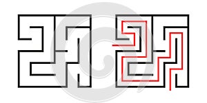 Education logic game labyrinth for kids. Find right way. Isolated simple square maze black line on white background.