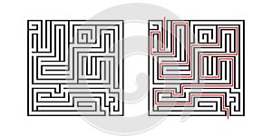 Education logic game labyrinth for kids. Find right way. Isolated simple square maze black line on white background.