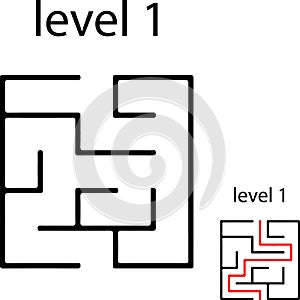 Education logic game labyrinth for kids. Find right way. Isolated simple square maze black line on white background. With the