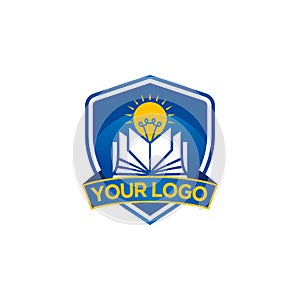 Education Logo with Book, Lightbulb, and Shield.