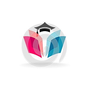 Education logo concept with graduation cap and open book pages.