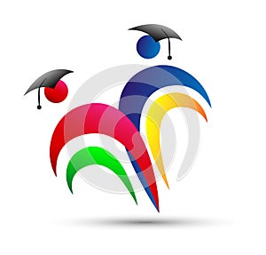 Education logo, people, celebration, graduate students, in heart shaped logo, education graduated, couple union logo