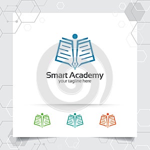 Education logo vector design with concept of book, pen, and people icon illustration for academy, university, school