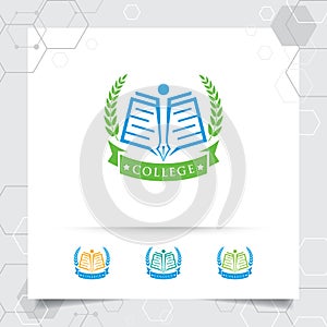 Education logo vector design with concept of book, pen, and wreaths icon illustration for academy, university, school