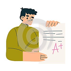 Education with Man Character Hold Paper with Full Mark Learning and Study Vector Illustration