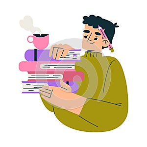 Education with Man Character with Pile of Books and Cup Learning and Study Vector Illustration