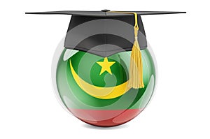 Education in Mauritania concept. Mauritanian flag with graduation cap, 3D rendering