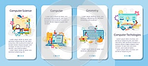 IT education mobile application banner set. Student write software