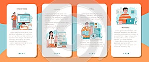 IT education mobile application banner set. Student write software