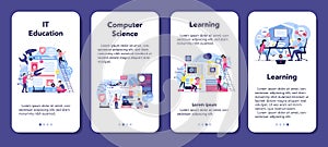 IT education mobile application banner set. Student write software