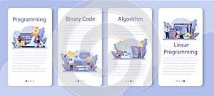 IT education mobile application banner set. Student write software