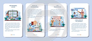 IT education mobile application banner set. Students learn programming