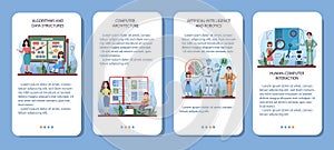 IT education mobile application banner set. Students learning