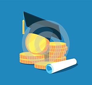 Education money. College tuition graduation, scholarship education investment. Gold coins, academic cap diploma. Vector photo
