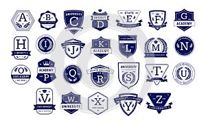 Education monogram. Alphabetical elegant academic crests, letter badge template for university, college or academy team