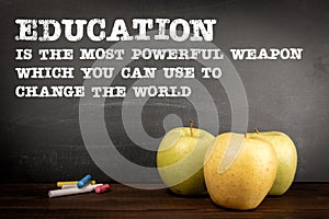 EDUCATION IS THE MOST POWERFUL WEAPON WHICH YOU CAN USE TO CHANGE THE WORLD. Text on a chalk board